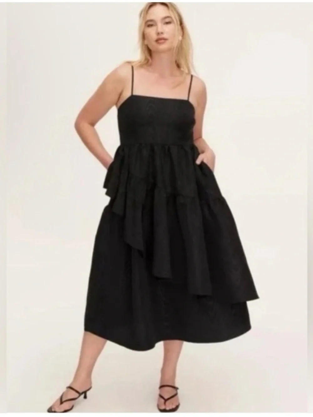 kate spade Black Tiered Midi Dress with Spaghetti Straps